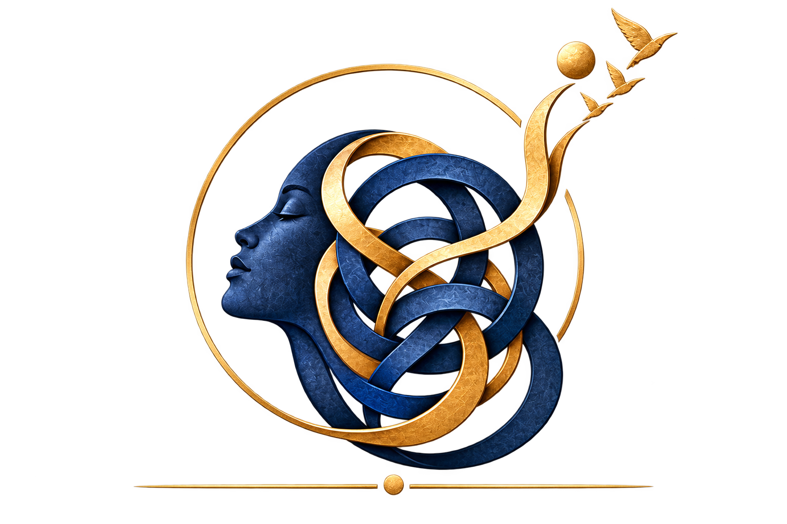 Logo de Dounia Bouzar : visage féminin de profil entouré de formes entrelacées bleu nuit et dorées